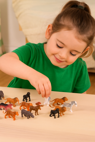 Montessori activity with Safari TOOBs – classification, language, and hands-on learning Montessori child exploring and sorting Safari animal figurines on a table