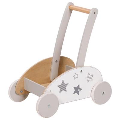 Wooden push-along wagon: A stylish wooden Montessori push cart with star decals and a natural wood interior, ideal for toddlers learning to walk.