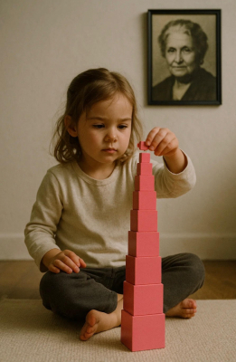 Young girl engaging with the Montessori Pink Tower, developing focus and coordination through hands-on learning in a Montessori classroom.