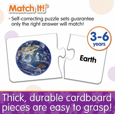 Match It! Out in Space puzzle box with puzzle pieces showing Sun, Earth, and Mars Rover