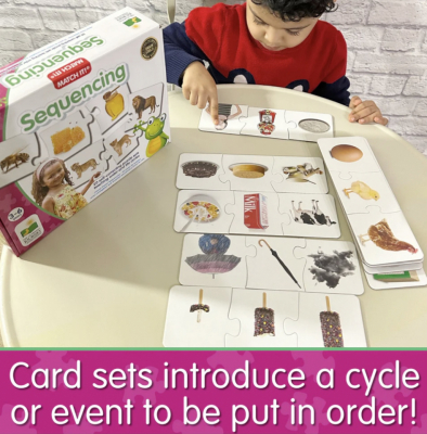 A child working with 20-piece sequencing puzzle set with life cycles and daily routine steps for Montessori learning