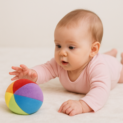 Soft Montessori rattle ball for babies, made of colorful velour fabric, ideal for sensory development and early motor skills