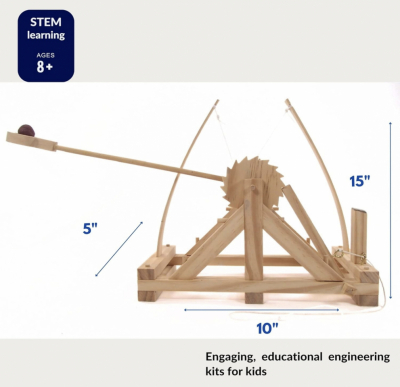 Side view of Leonardo da Vinci wooden catapult model showing assembled size 10 by 5 by 15 inches