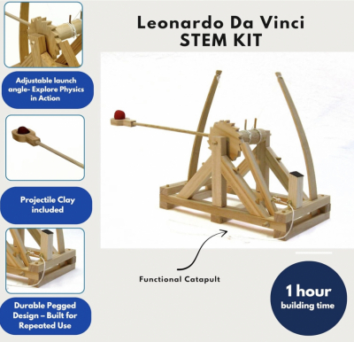 Leonardo da Vinci wooden catapult STEM kit with functional launch arm and soft clay projectile