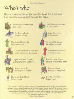Character guide page from See Inside Castles showing people who lived in medieval castles