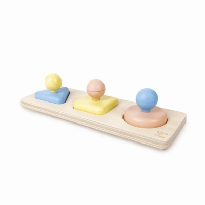 Wooden Montessori shape puzzle with knobs for small hands, mirror surprise under each shape