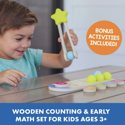 One-to-one counting activity using a wooden counting board and colored spheres