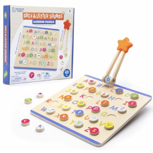 Montessori initial letter sounds wooden puzzle with alphabet board, double-sided letter tokens, and tweezers