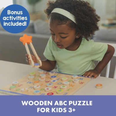 Fine motor activity using wooden tweezers to place letter tokens on an alphabet board