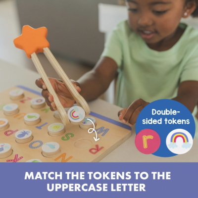 Fine motor activity using wooden tweezers to place letter tokens on an alphabet board