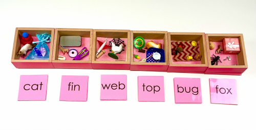 Montessori Pink Wooden Boxes with Objects and Word Cards
