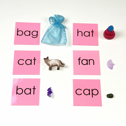 Montessori Pink Wooden Boxes with Objects and Word Cards