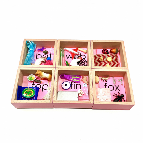 Pink Wooden Boxes with Objects and Word Cards By E&O Montessori 