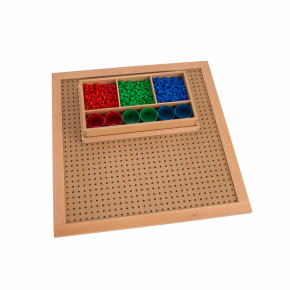 Montessori Algebraic Peg Board with red, green, and blue pegs and matching cups, used to teach square roots and multiplication