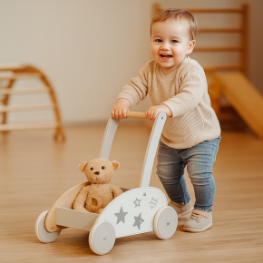 Toddler with wagon: A young child walking confidently while pushing a Montessori wooden wagon, demonstrating independence and balance.