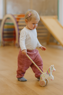 Toddler pushing a Montessori wooden unicorn toy while learning to walk