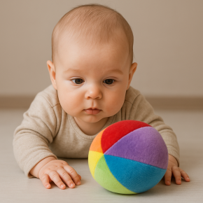Soft Montessori rattle ball for babies, made of colorful velour fabric, ideal for sensory development and early motor skills