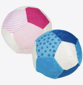 Soft textured baby rattle ball in soccer ball style, available in pink or blue tones, Montessori-inspired sensory toy