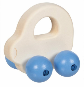 Montessori wooden baby car with bead wheels – natural grasping toy for infants 0–12 months