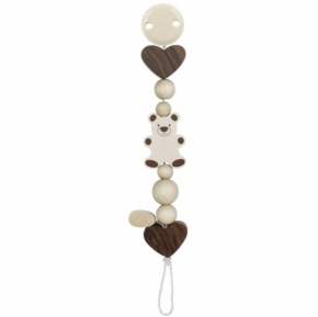 Natural wooden pacifier clip with bear and hearts – Montessori baby accessory made from untreated wood, 22.5 cm long