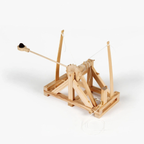 Leonardo da Vinci wooden catapult STEM kit assembled and ready to launch