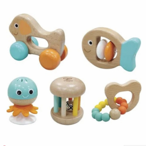 Baby wooden multi-stage sensory gift set with five wooden toys for infants 0-12 months