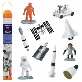 Montessori space figurines including astronauts Saturn V rocket space shuttle lunar rover and international space station