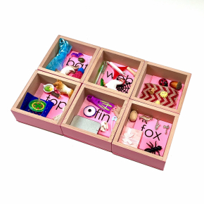 Pink Wooden Boxes with Objects and Word Cards Set