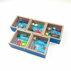 Montessori Blue Wooden Boxes with Objects and Word Cards