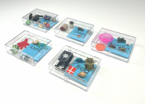 Montessori Clear Plastic Boxes with Objects and Blue Word Cards