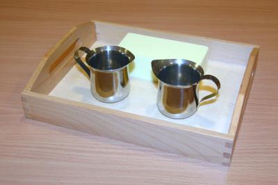 Pouring Set with Two Stainless Steel Creamers and Wooden Tray